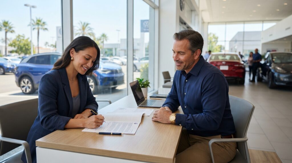 California car buyer reviewing a subprime auto loan agreement before purchasing a vehicle