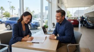 California car buyer reviewing a subprime auto loan agreement before purchasing a vehicle