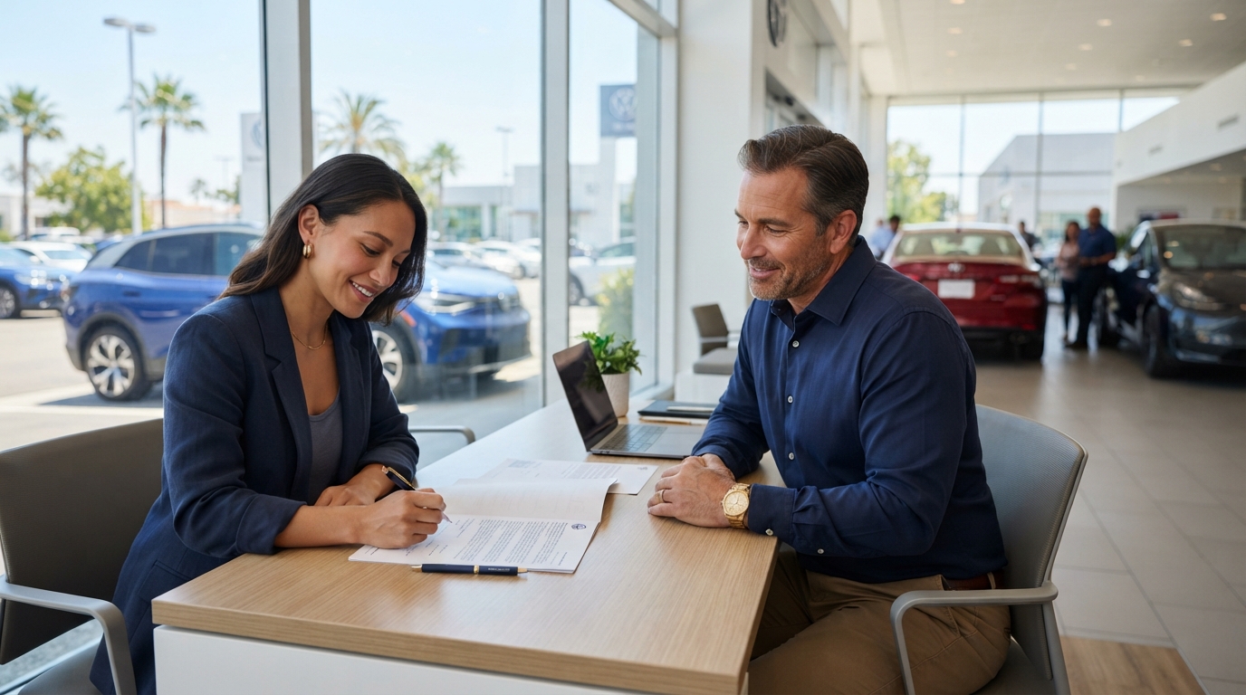 California car buyer reviewing a subprime auto loan agreement before purchasing a vehicle