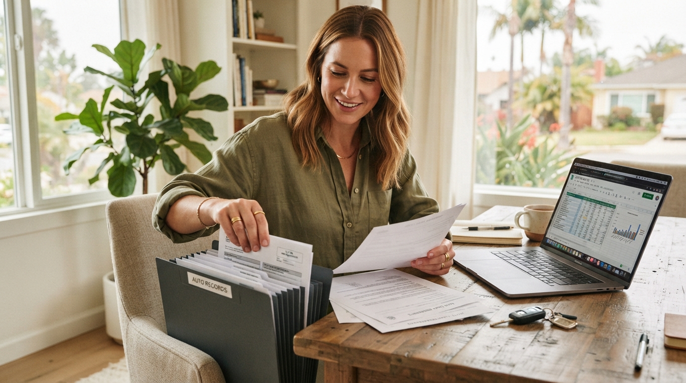 California car owner organizing auto loan and dealership records after buying a vehicle