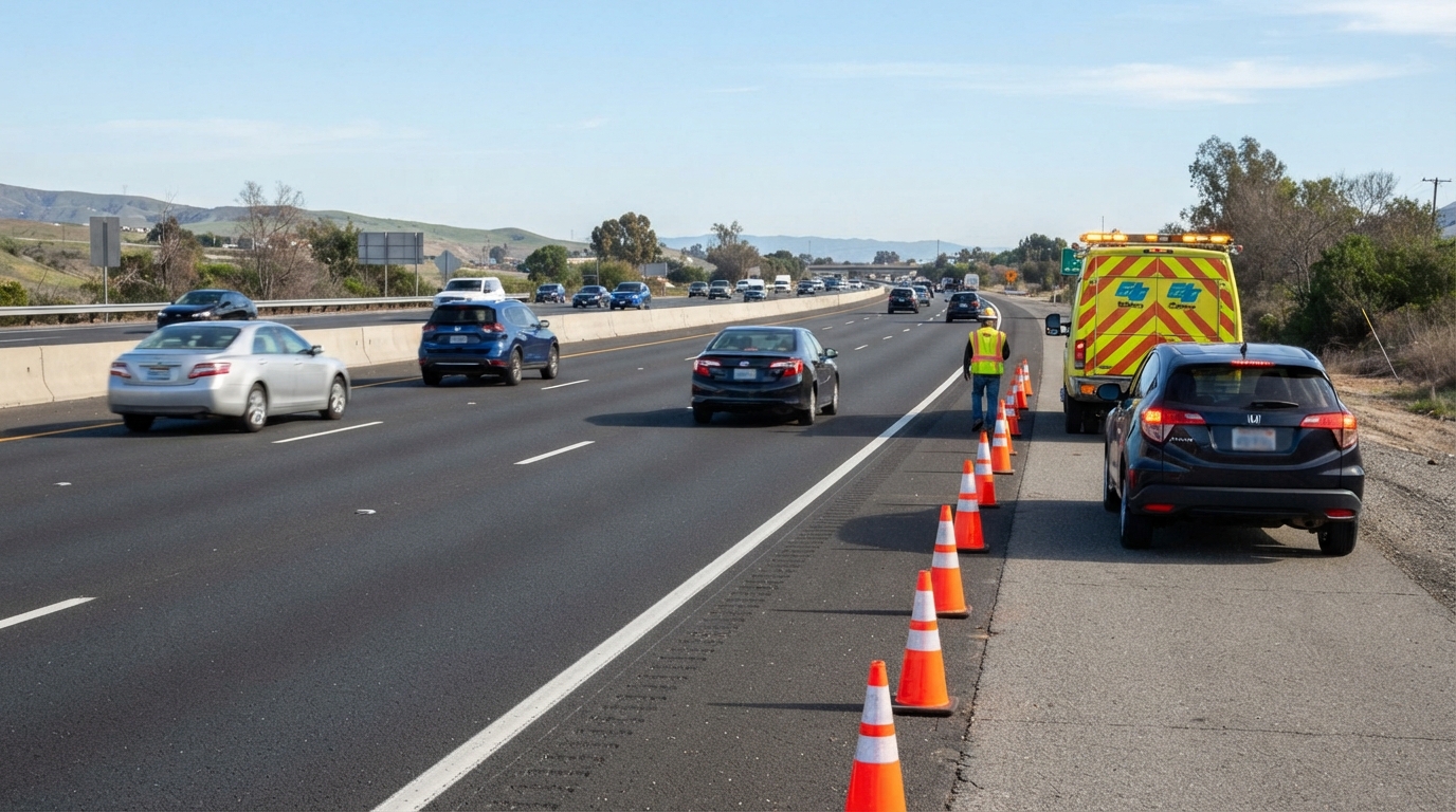 California drivers moving over for a stationary vehicle displaying warning lights on the highway