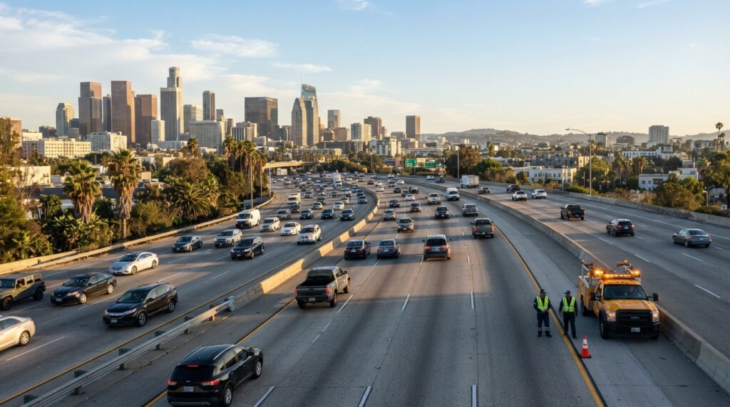 California drivers traveling on a freeway under new traffic and road safety laws for 2026