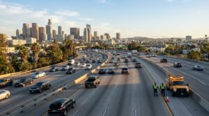 California drivers traveling on a freeway under new traffic and road safety laws for 2026
