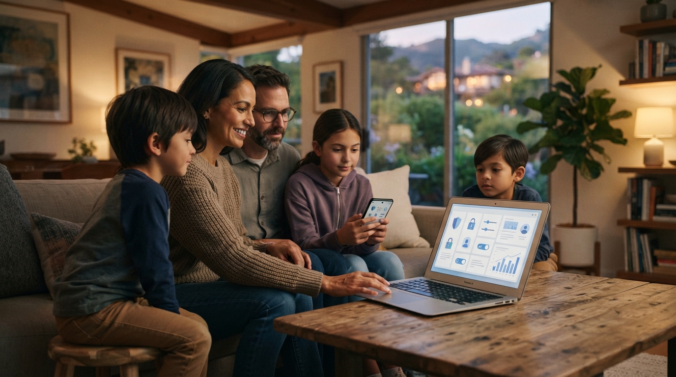 California family reviewing online privacy settings and protecting personal information