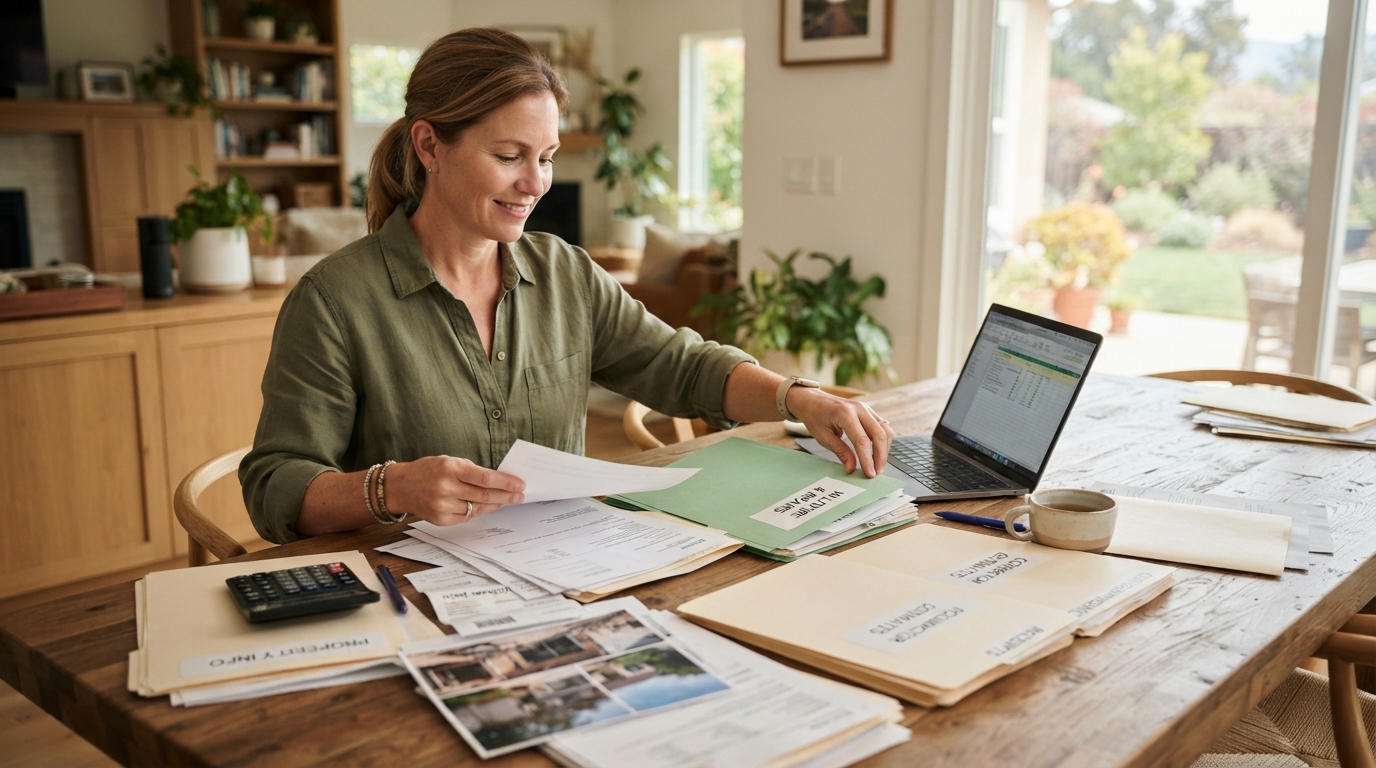 California homeowner organizing documents for a wildfire smoke damage insurance claim