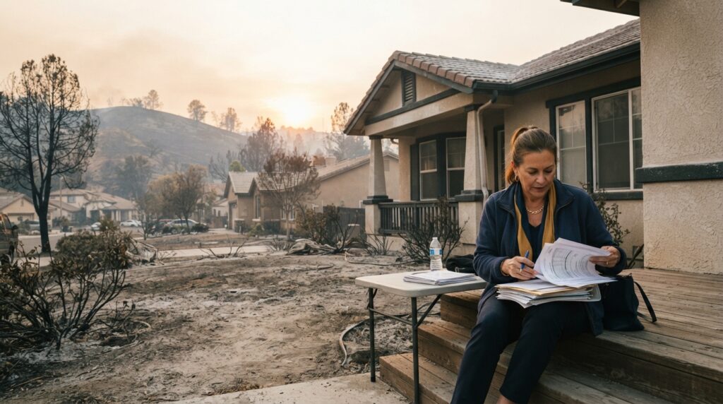 California homeowner reviewing an insurance claim after wildfire smoke damage to a surviving home