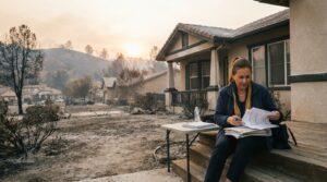 California homeowner reviewing an insurance claim after wildfire smoke damage to a surviving home
