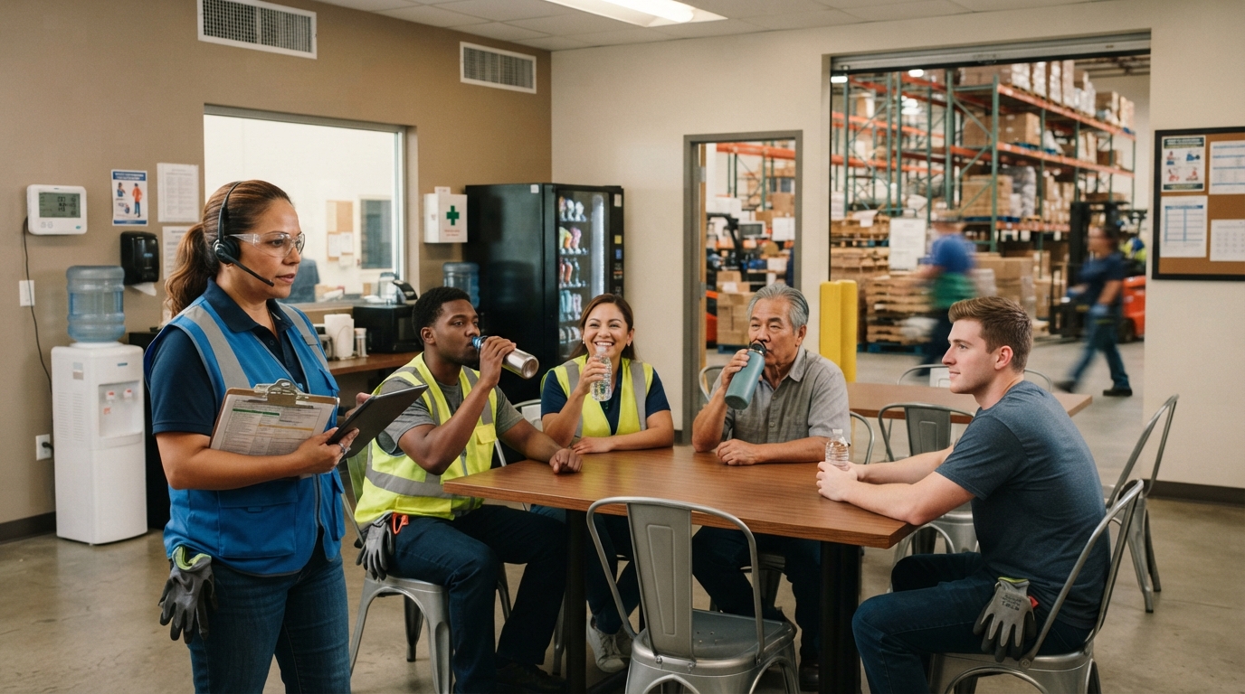California indoor workers using a cool-down area during hot workplace conditions