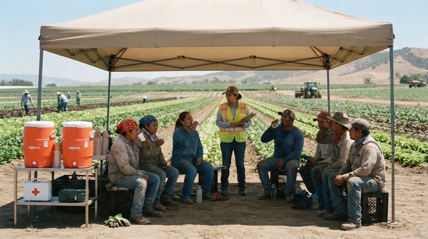 Outdoor California workers using shade and drinking water during high heat