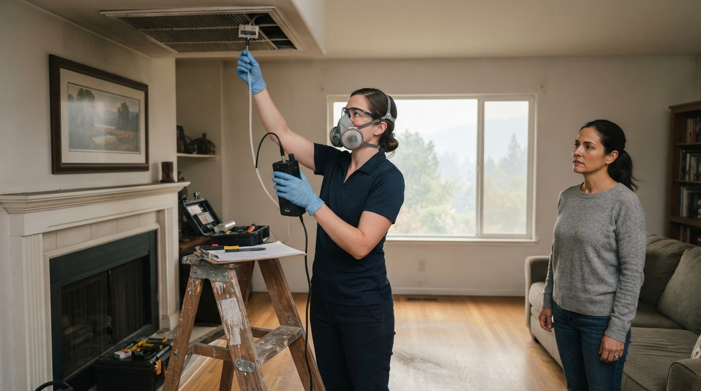 Smoke damage inspection and environmental testing inside a California home after a wildfire